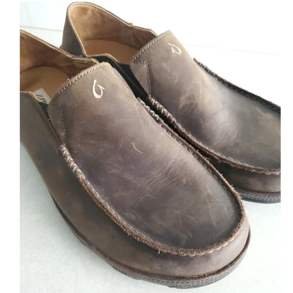 OluKai Moloa Slip On Shoes Dark Wood Leather Comfort Casual Loafers Mens 13